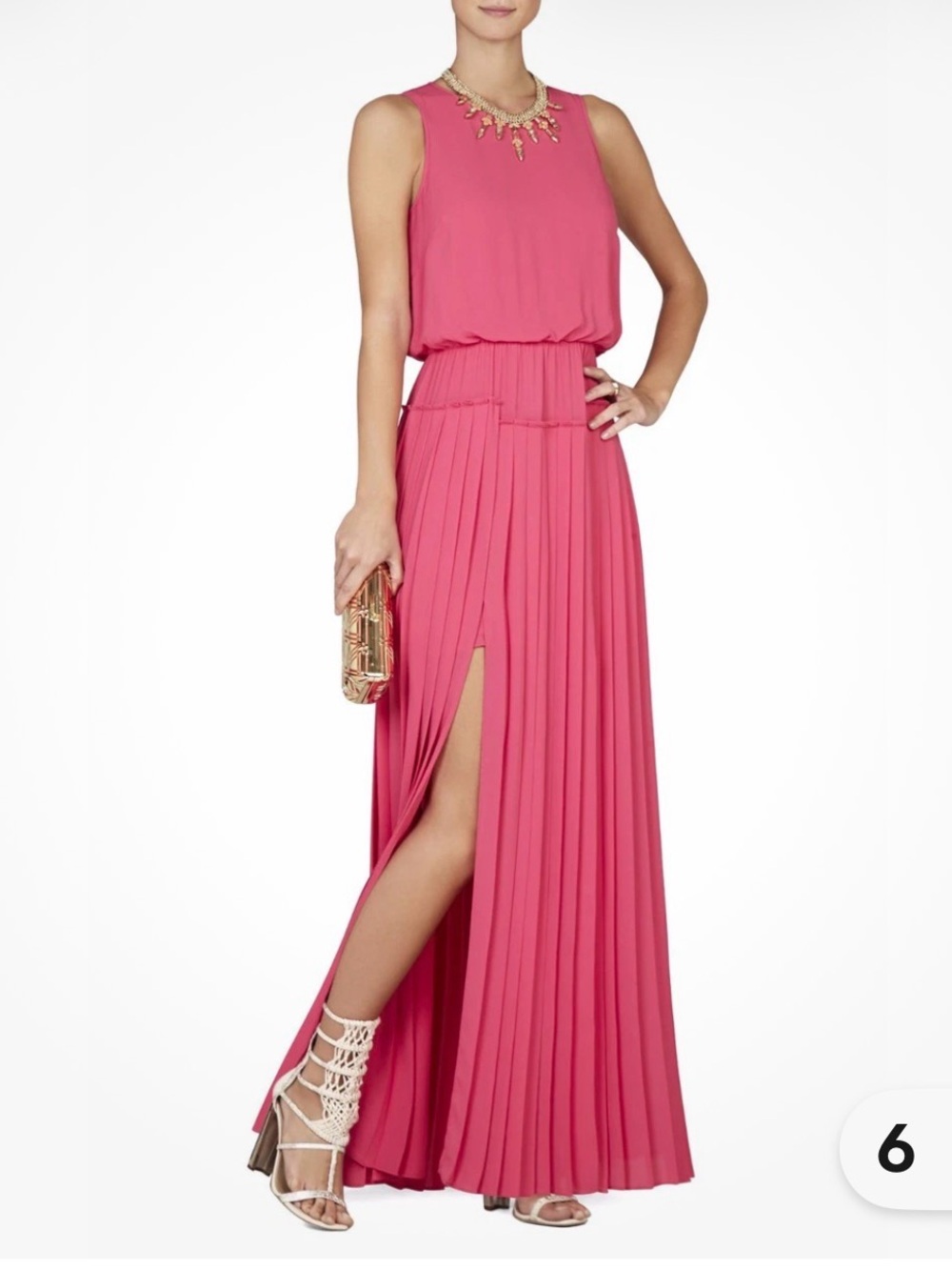 BCBGMAXAZRIA Jenine maxi dress features a pleated skirt and high slits on ea leg